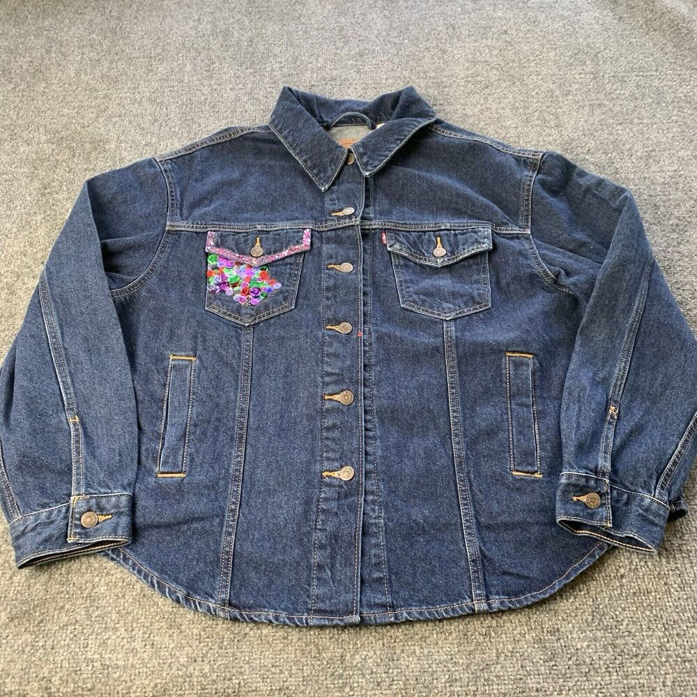 Levi’s Denim Jacket Women’s 1X Trucker Biker Blue Dark Wash Decorated Pocket